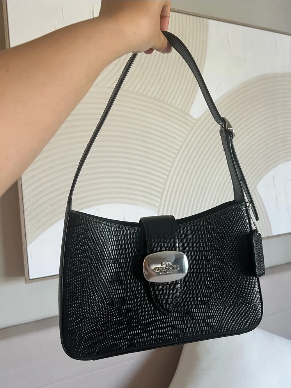 Coach Eliza Black Textured Leather Shoulder Bag with Silver-Tone Plaque